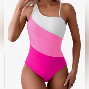 Pink and White One-Shoulder One Piece Swimsuit Size Small